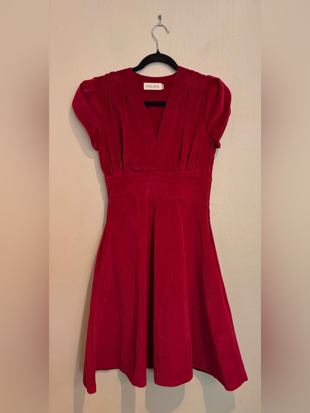 Palava Berry Velvet Midi Dress w/ V-Neck and Bubble Cup Sleeves, British Inspo